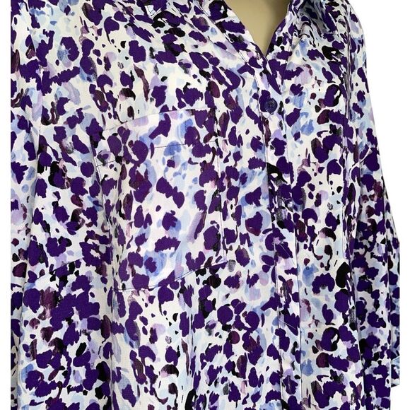 Catherines Purple and Blue Abstract Blouse 3/4 bottoms pockets silky 1X 18/20W - Picture 3 of 7